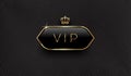 Vip black glass label with golden crown and frame on a black pattern background. Premium design. Luxury template design.